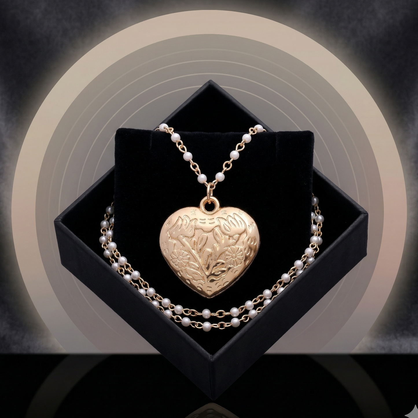 Floral Heart Locket Pearl Station Chain