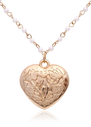 Floral Heart Locket Pendant Necklace with Pearl Station Chain