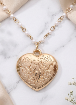 Floral Heart Locket Pendant Necklace with Pearl Station Chain