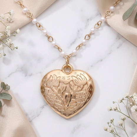 Floral Heart Locket Pendant Necklace with Pearl Station Chain