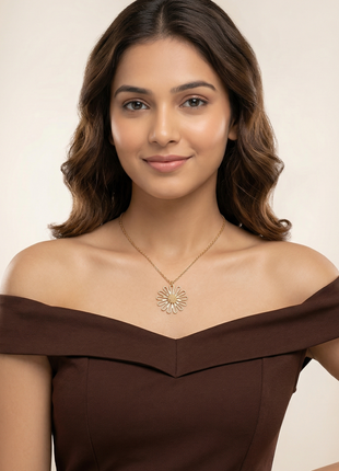 Gold Textured Daisy Flower Pendant Necklace with Delicate Cable Chain