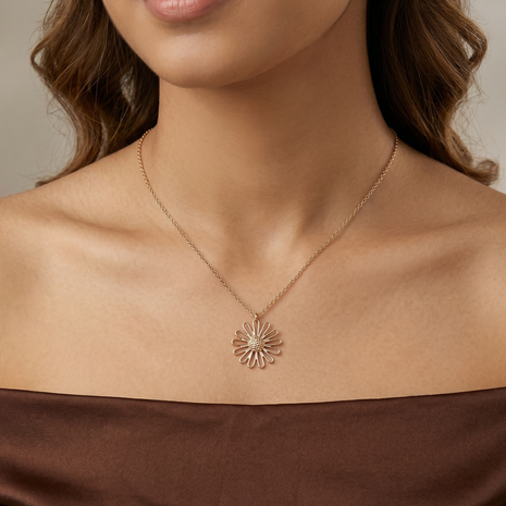 Gold Textured Daisy Flower Pendant Necklace with Delicate Cable Chain