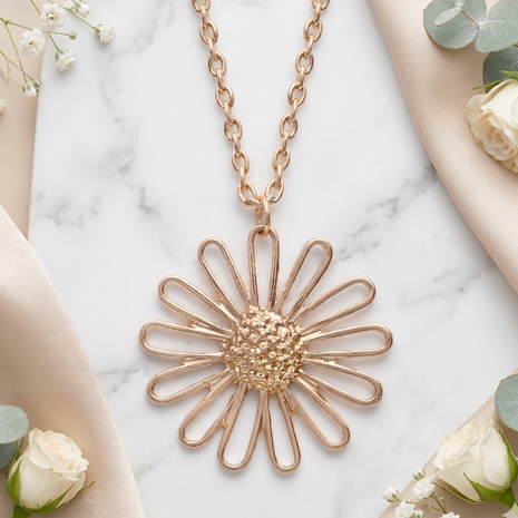 Gold Textured Daisy Flower Pendant Necklace with Delicate Cable Chain