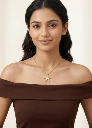 Gold Plated Textured Starfish Pendant Necklace with Elegant Bead Station Chain