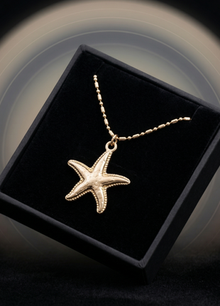 Gold Plated Textured Starfish Pendant Necklace with Elegant Bead Station Chain