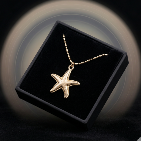 Gold Plated Textured Starfish Pendant Necklace with Elegant Bead Station Chain