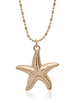 Gold Plated Textured Starfish Pendant Necklace with Elegant Bead Station Chain
