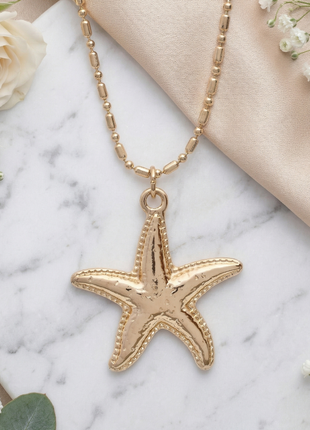 Gold Plated Textured Starfish Pendant Necklace with Elegant Bead Station Chain