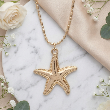 Gold Plated Textured Starfish Pendant Necklace with Elegant Bead Station Chain