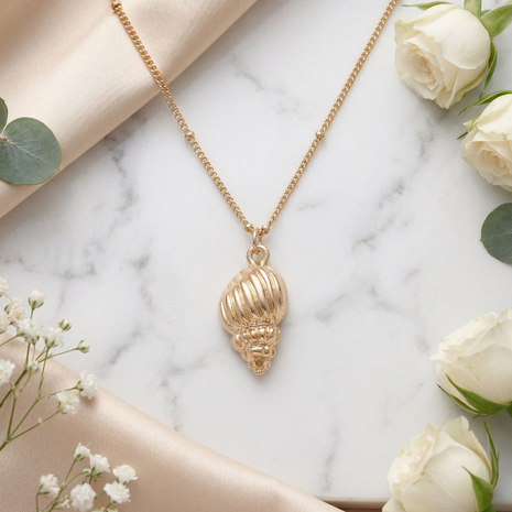 Gold Plated Sculpted Conch Shell Pendant Necklace with Elegant Satellite Bead Chain