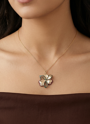 Gold Plated Floral Pendant Necklace with Emerald & Maroon Enamel Detailing
