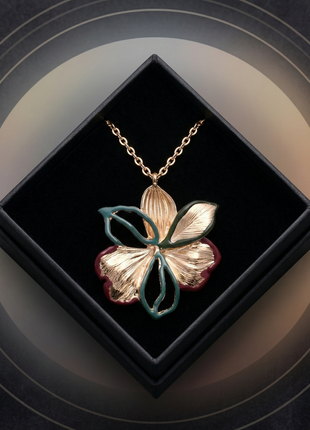 Gold Plated Floral Pendant Necklace with Emerald & Maroon Enamel Detailing
