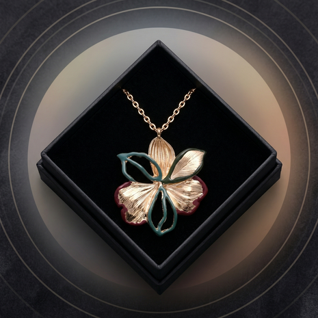 Gold Plated Floral Pendant Necklace with Emerald & Maroon Enamel Detailing