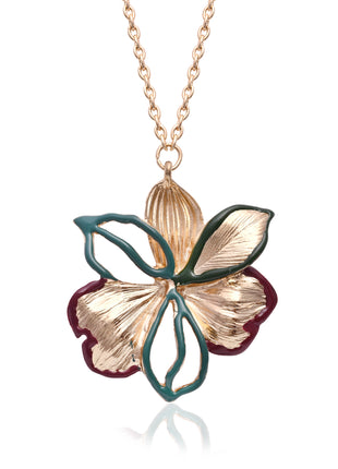 Gold Plated Floral Pendant Necklace with Emerald & Maroon Enamel Detailing