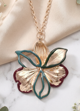 Gold Plated Floral Pendant Necklace with Emerald & Maroon Enamel Detailing
