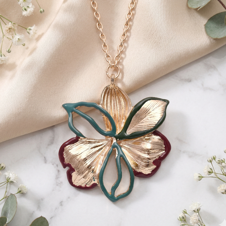 Gold Plated Floral Pendant Necklace with Emerald & Maroon Enamel Detailing