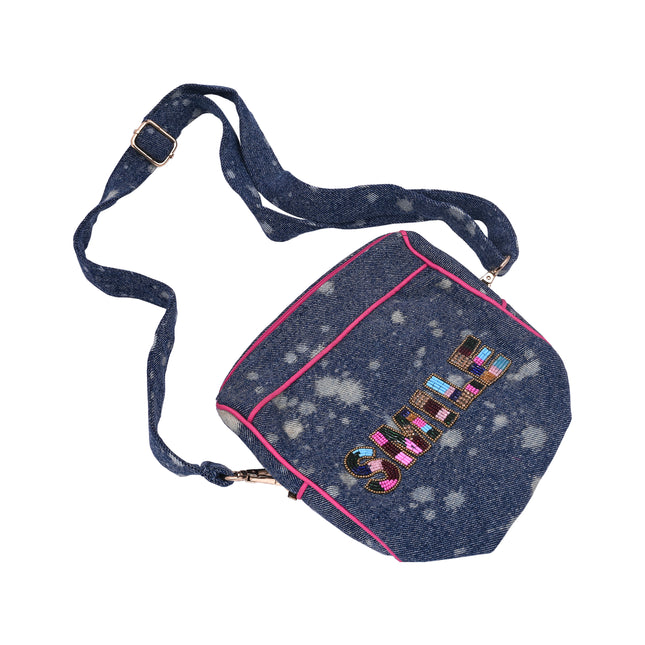 Denim Tie-Dye Sling Bag with Beaded “SMILE” Patch