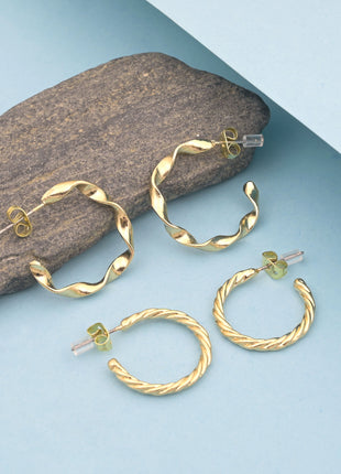 Gold Tone Plated Twisted And Wavy Textured Half Hoop Stud Earrings Set Fashion Jewellery 2wist Desings