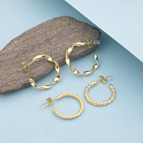 Gold Tone Plated Twisted And Wavy Textured Half Hoop Stud Earrings Set Fashion Jewellery 2wist Desings