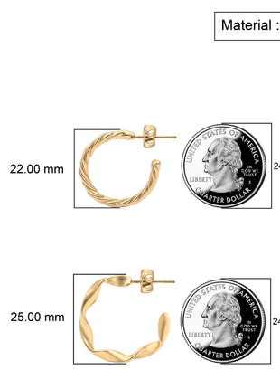 Gold Tone Plated Twisted And Wavy Textured Half Hoop Stud Earrings Set Fashion Jewellery 2wist Desings