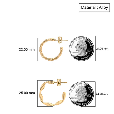 Gold Tone Plated Twisted And Wavy Textured Half Hoop Stud Earrings Set Fashion Jewellery 2wist Desings
