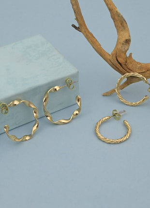 Gold Tone Plated Twisted And Wavy Textured Half Hoop Stud Earrings Set Fashion Jewellery 2wist Desings