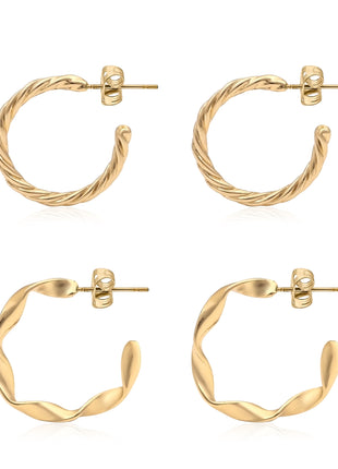 Gold Tone Plated Twisted And Wavy Textured Half Hoop Stud Earrings Set Fashion Jewellery 2wist Desings