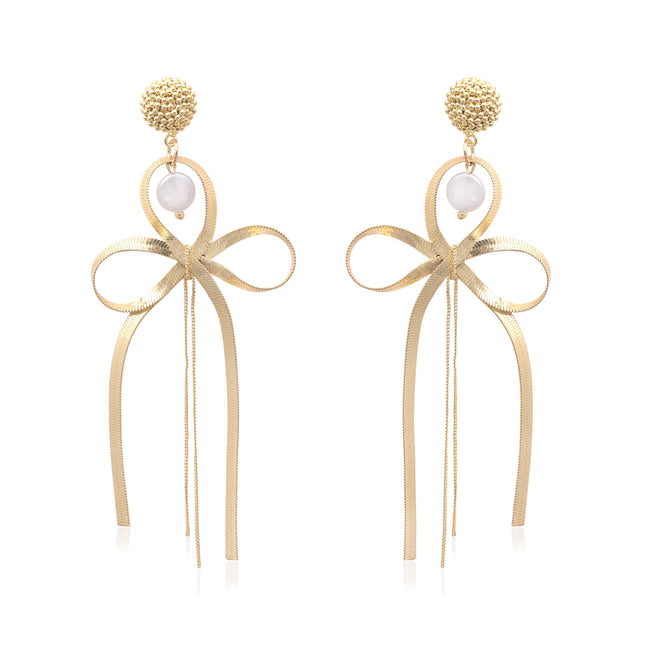 Bow Ribbon Dangle Earrings with Pearl