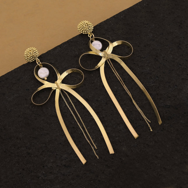 Bow Ribbon Dangle Earrings with Pearl