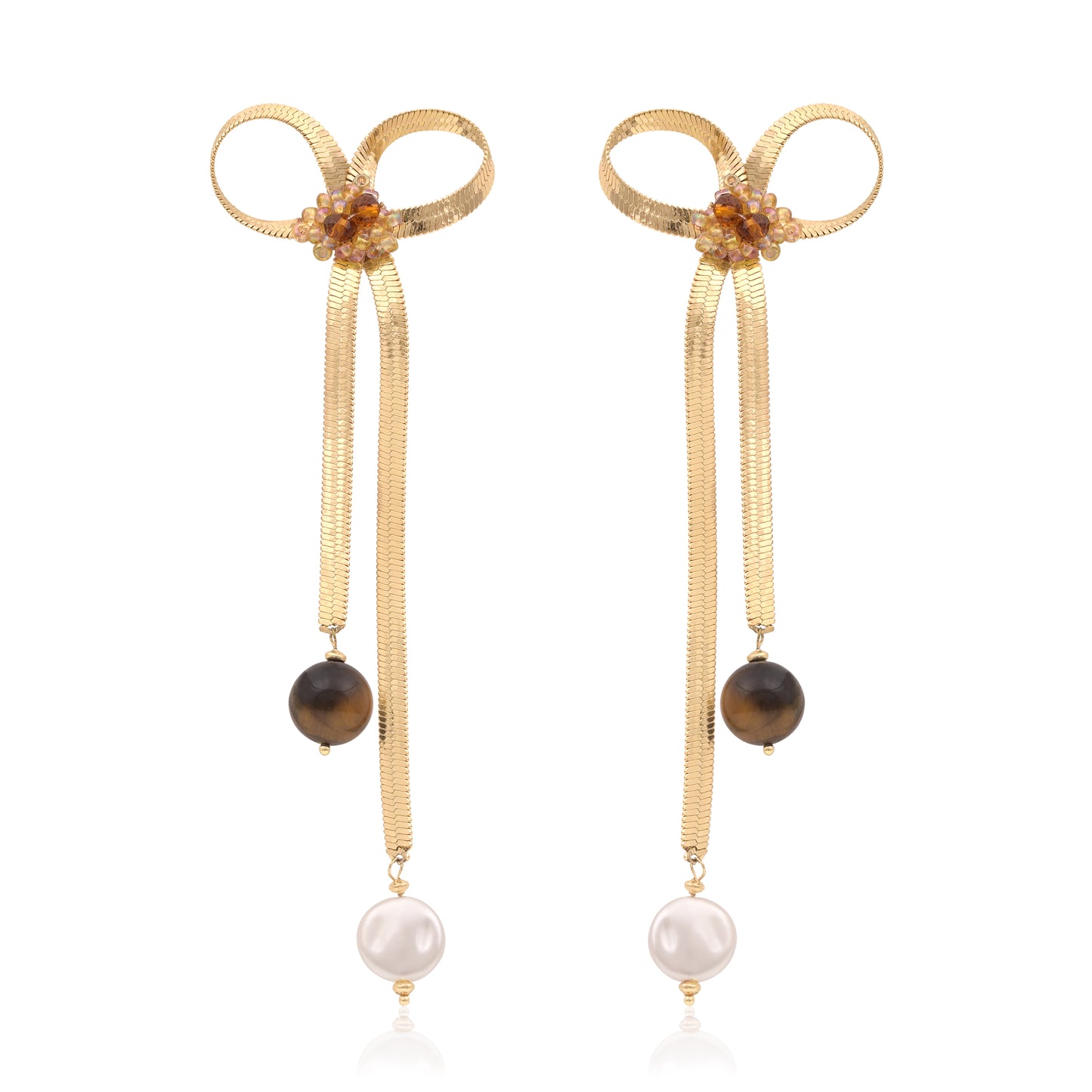 Bow Dangle Earrings With Pearl Stones