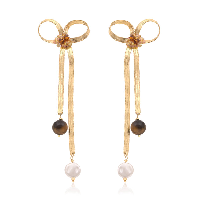 Bow Ribbon Drop Earrings with Beads & Pearls
