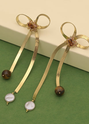 Bow Dangle Earrings With Pearl Stones By 2wist Designs