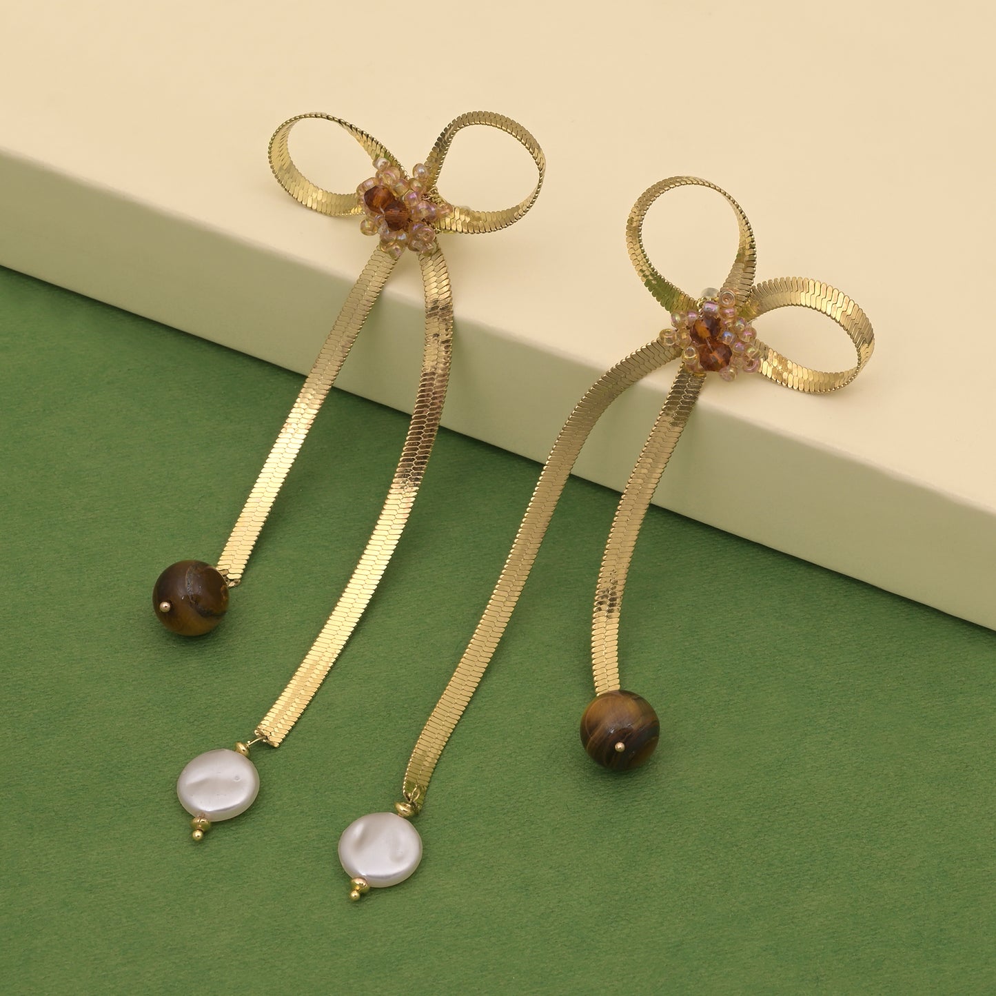 Bow Dangle Earrings With Pearl Stones