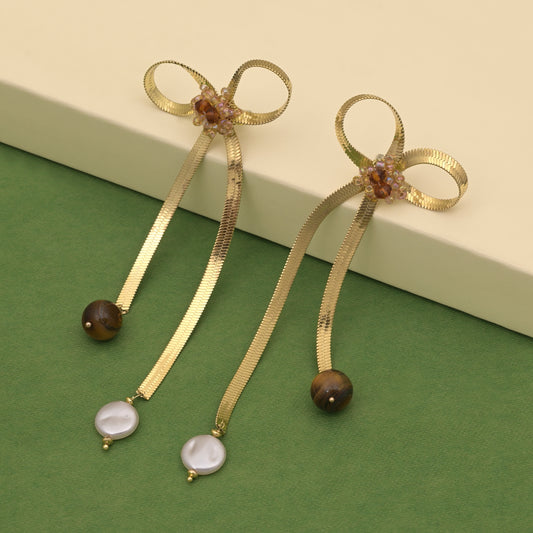 Bow Dangle Earrings With Pearl Stones
