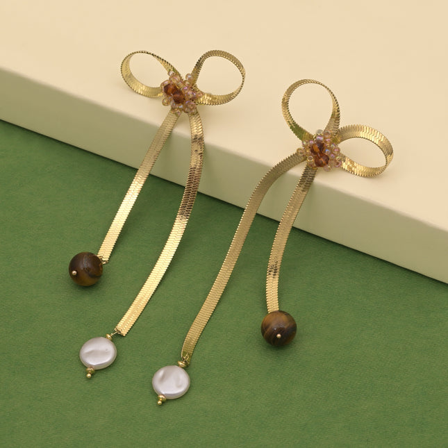 Bow Ribbon Drop Earrings with Beads & Pearls