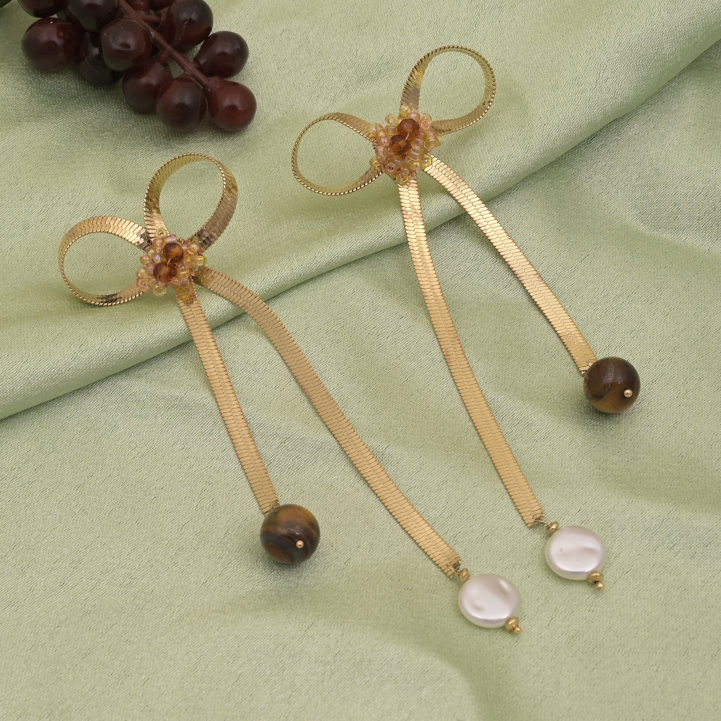 Bow Dangle Earrings With Pearl Stones