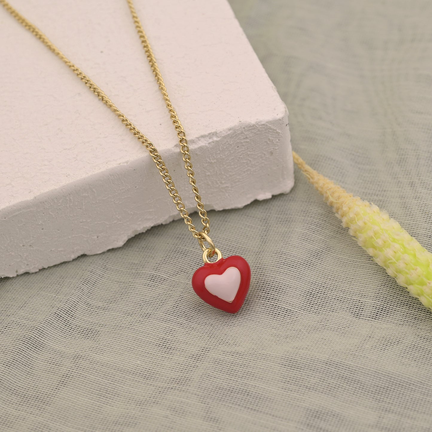 Red White Enamel Heart Charm Necklace