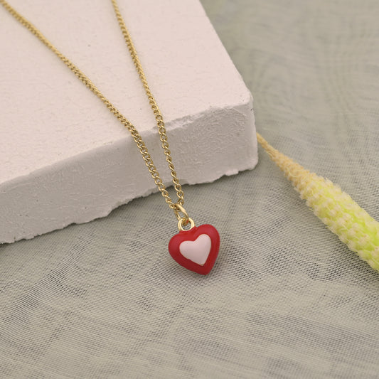 Red White Enamel Heart Charm Necklace