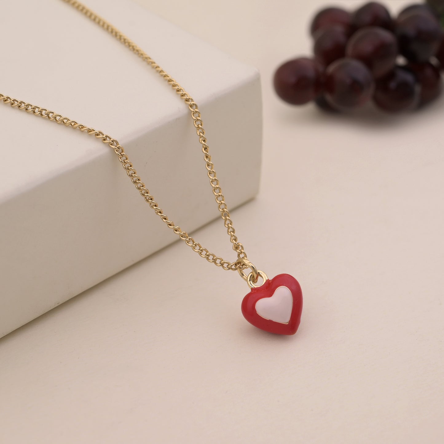 Red White Enamel Heart Charm Necklace