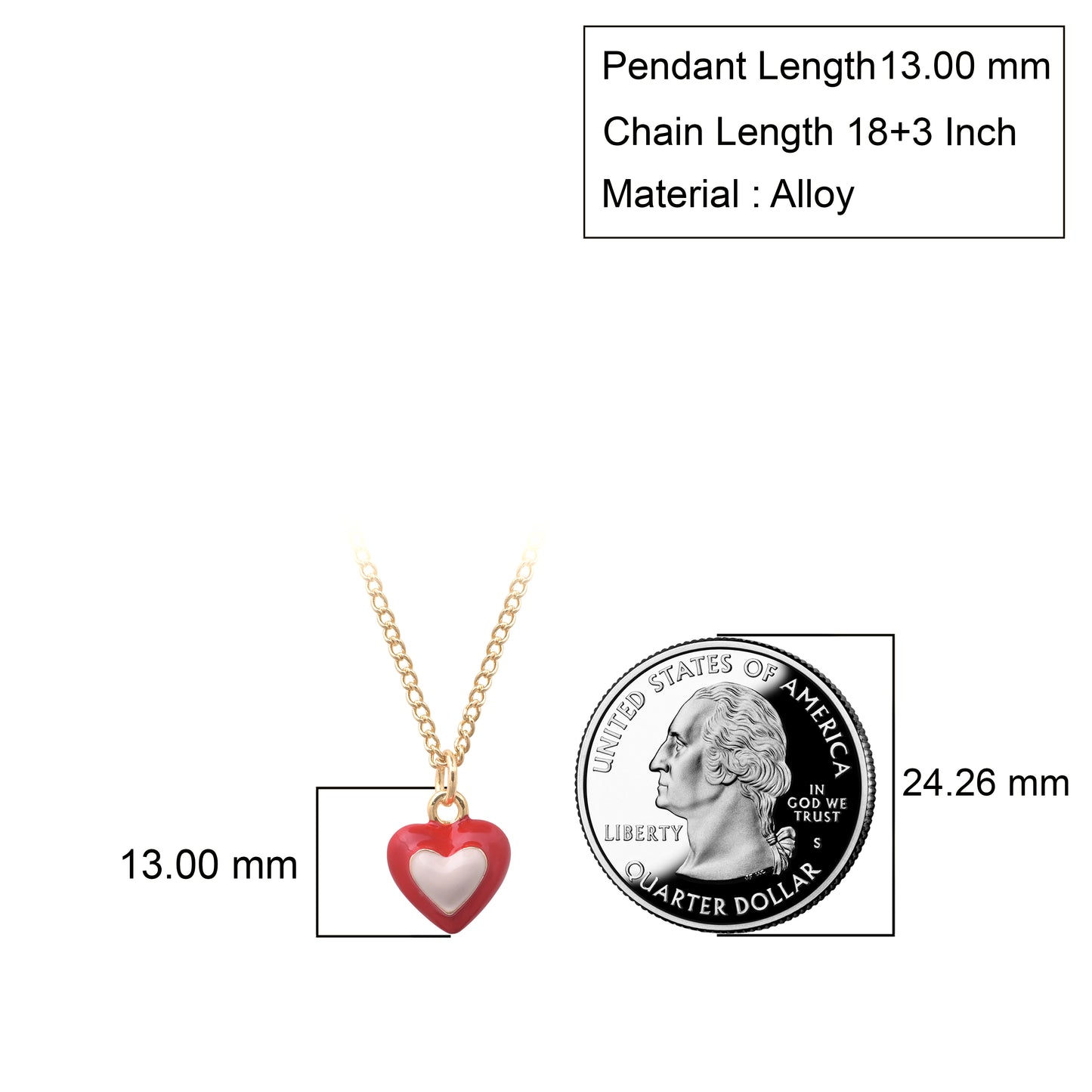 Red White Enamel Heart Charm Necklace