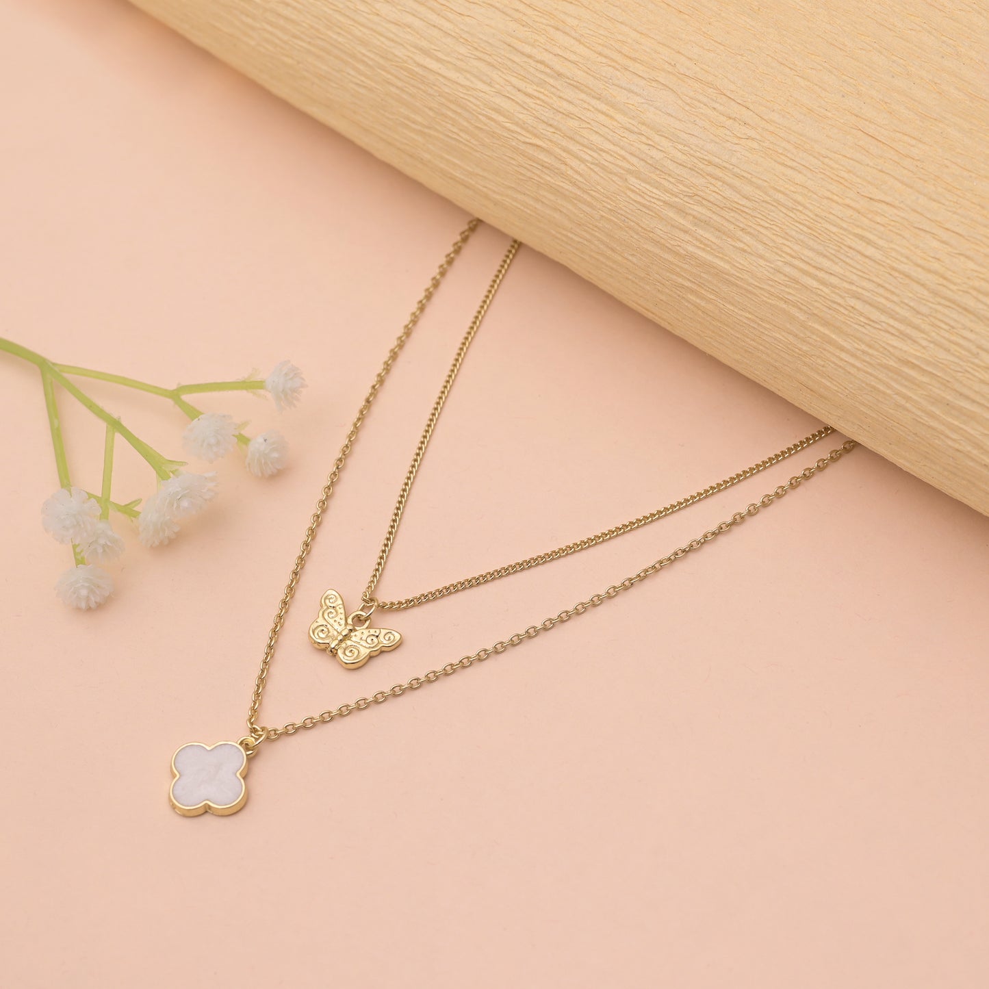 Double Layer Butterfly Clover Necklace