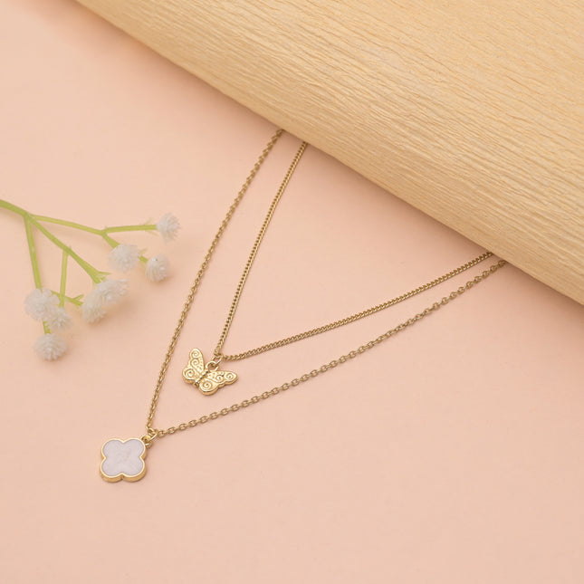 Butterfly & Clover Layered Pendant Necklace