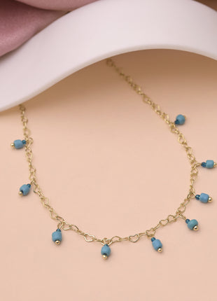 Heart Link Necklace Sky Blue Beaded Dangles Designer Golden Brass