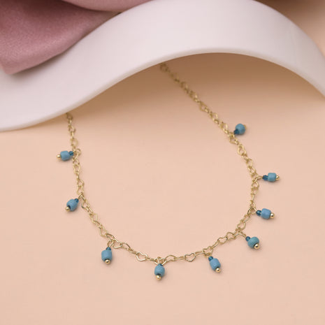Heart Link Necklace Sky Blue Beaded Dangles Designer Golden Brass