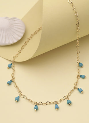 Heart Link Necklace Sky Blue Beaded Dangles Designer Golden Brass