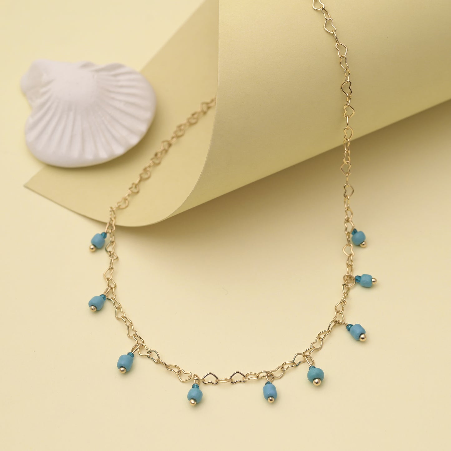 Heart Link Necklace Sky Blue Beaded Dangles