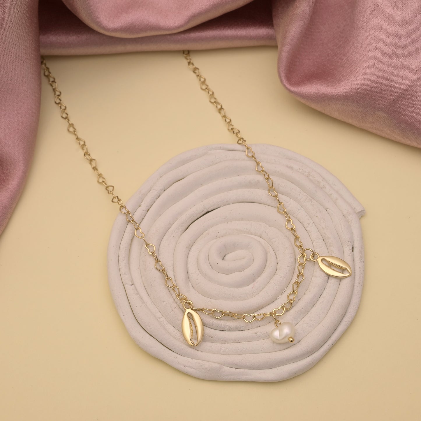 Shell Heart Link Necklace Pearl Accent