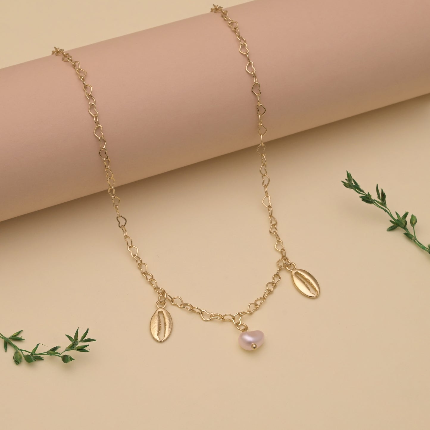 Shell Heart Link Necklace Pearl Accent