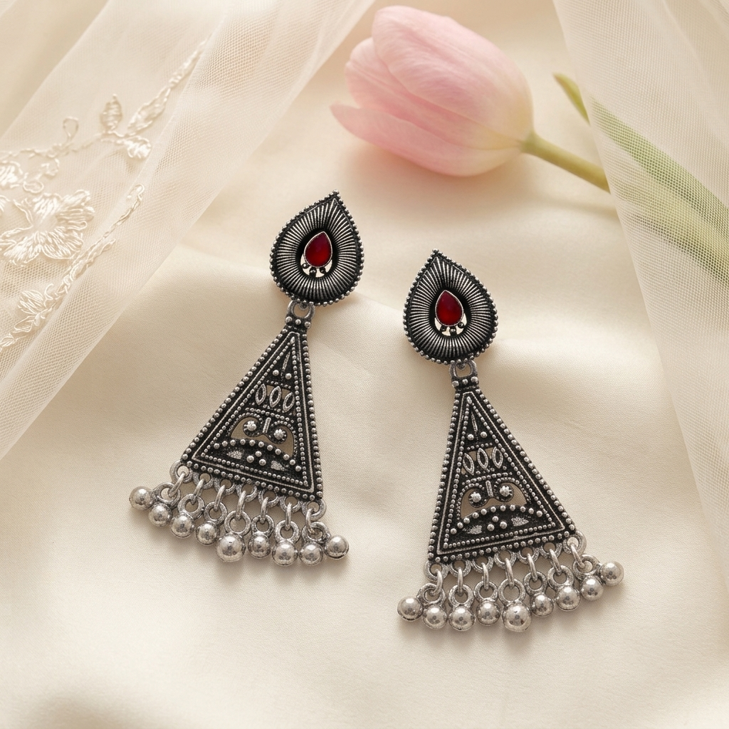 Oxidised Silver Triangle Drop Earrings with Red Stone Traditional Boho Jhumka for Women