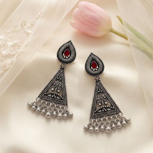 Oxidised Silver Triangle Drop Earrings with Red Stone Traditional Boho Jhumka for Women